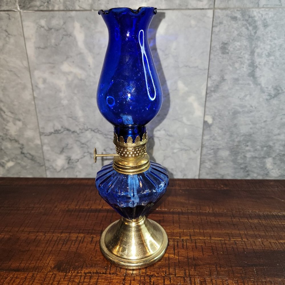 Vintage Cobalt Blue Glass 10" Kerosene/Oil Lamp, Made in Hong Kong